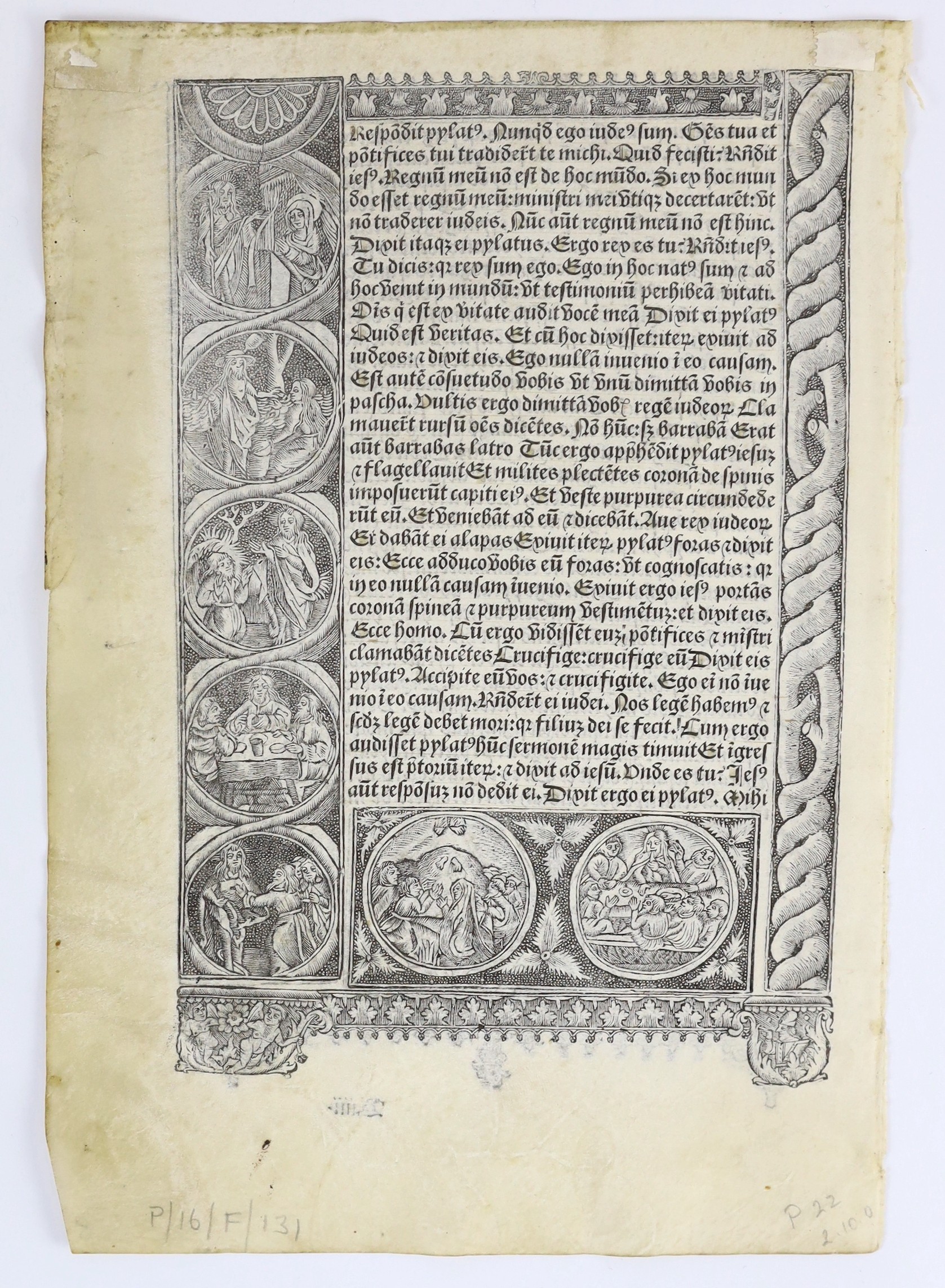A leaf from an early 16th century French Book of Hours, circa 1520, the printing attributed to Germain Hardouyn of Paris, in Gothic type Latin, with the first letter of each sentence highlighted in pale yellow, within wo